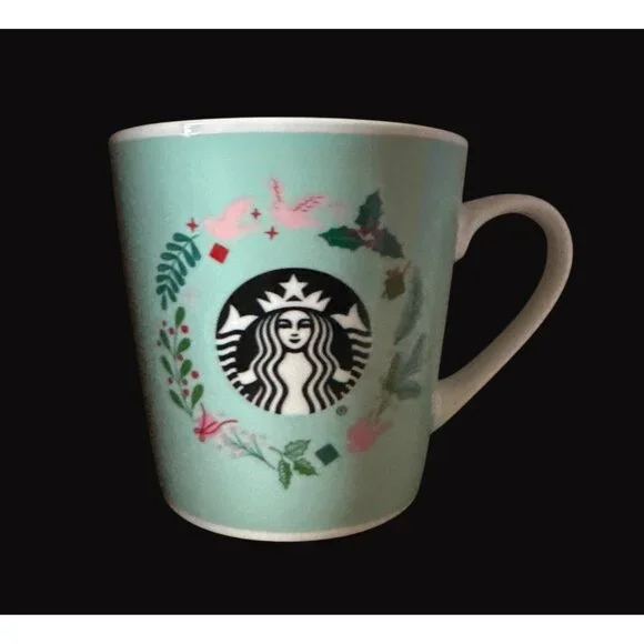 Starbucks 18 Oz Green Holiday Ceramic Mug oversized floral - Picture 1 of 5
